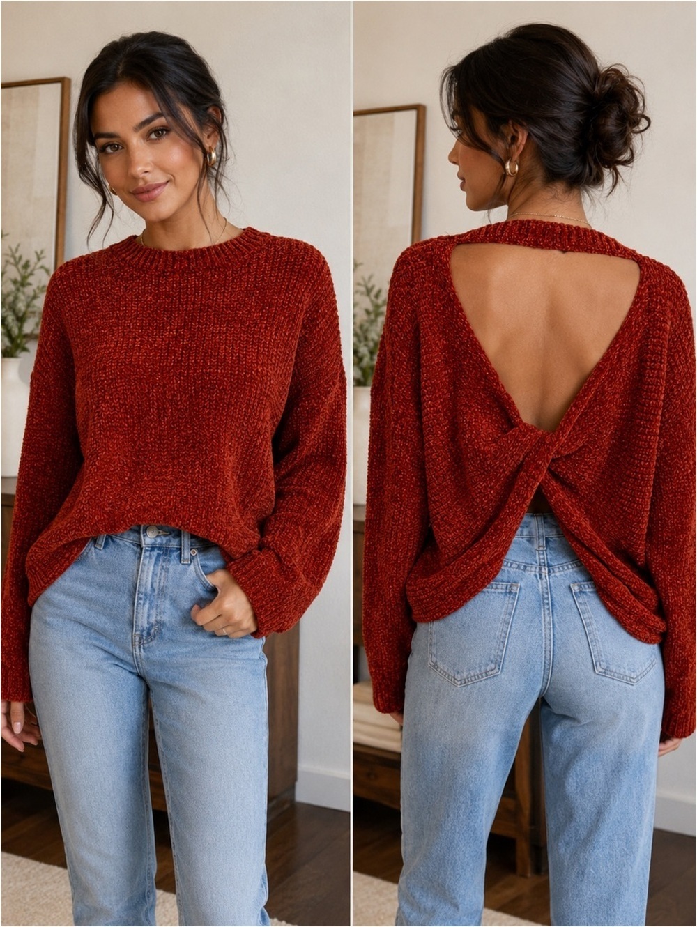 SAGE THE LABEL Melanie Back Twist Sweater Red Open Back Knit NWT Small